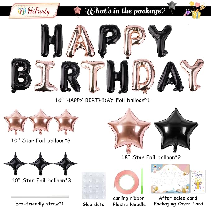 Happy Birthday Banner with 3D Mylar Foil Letter Balloons & 8pcs Star Balloons - Birthday Party Decorations for Kids, Boys, Men & Adults - Black & Rose Gold