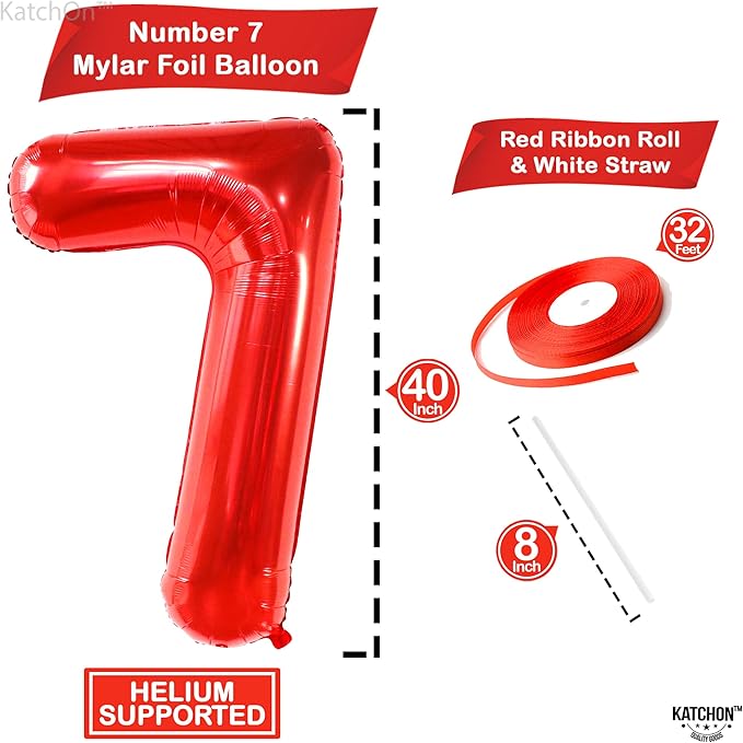 KatchOn, Giant Red Number 7 Balloon - 40 Inch | 7th Birthday Balloon for 7th Birthday Decorations | 7 Balloon number for Birthday | Seven Number | Number Balloons for Anniversary Decorations