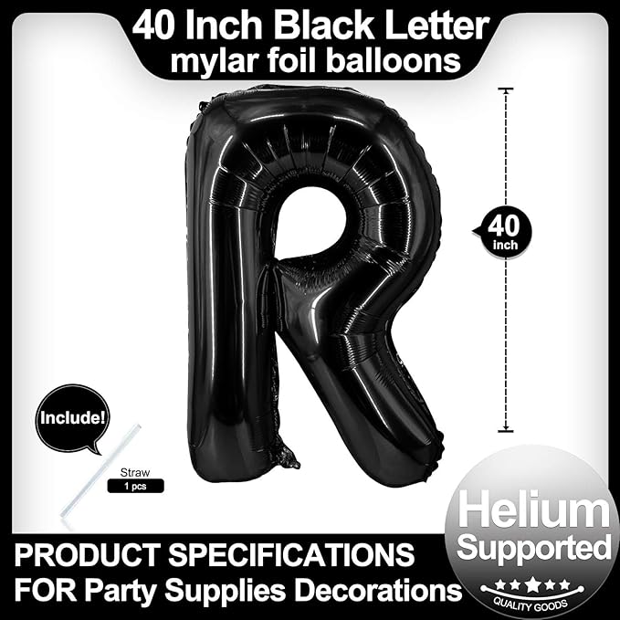 40 Inch Black Letter R Balloons, DIY Phrase Foil Alphabet Letter R Balloons DIY Word R Banner for Birthday Anniversary Celebration Graduation Party Supplies Decoration