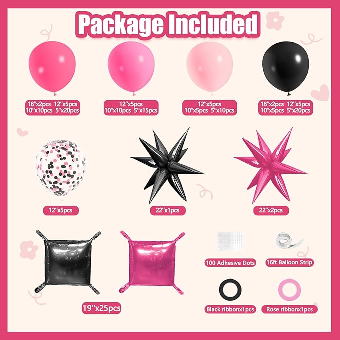 152Pcs Pink and Black Foil Square Balloon Wall Backdrop with Hot Pink Black Latex Balloons Arch Garland Kit, Double Sided Balloon Tunnel for Birthday Bridal Shower Baby Shower Anniversary Decorations