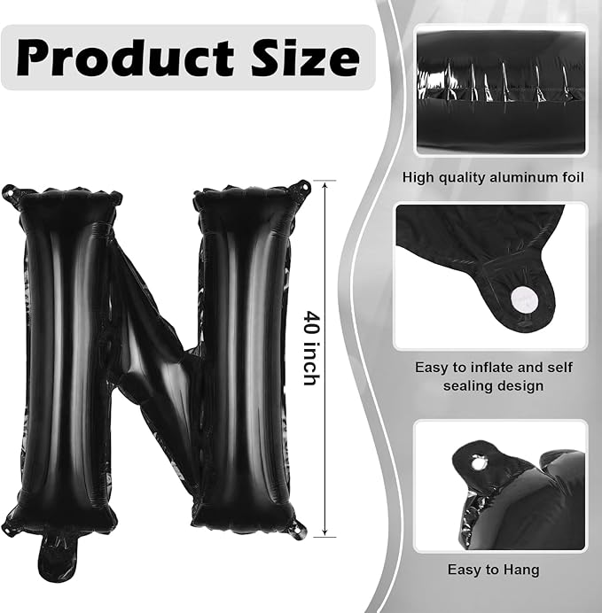 Black Letter N Balloons, 40 Inch Large Foil Letter Balloons, Custom Phrase Balloon for Birthday Party Wedding Anniversary Decoration (Black N)