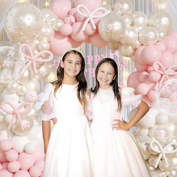 Pink Bow Birthday Decorations,220Pcs Pink Bow Balloon Arch Kit with 260 Clear Double Stuffed Pearl Balloons Ribbon Bow Pearl Stickers for Bow Coquette Birthday Bachelor Bridal Baby Shower Wedding