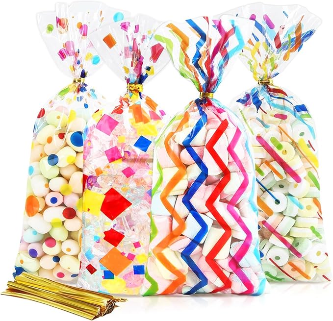 Docvania Cello Cellophane Treat Gift Bags Rainbow Cookie Bags 100 pcs 5 X 11 Goodie Bag with Ties for Mother's Day, Valentine's Day and Parties, Weddings