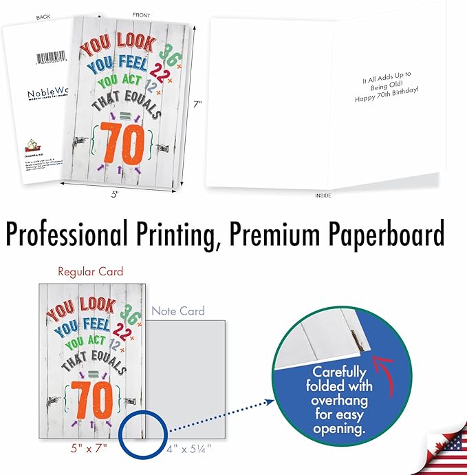 NobleWorks - 70th Birthday Card Funny - 70 Year Old Humor Notecard, Milestone Birthdays Celebration - Age Equation 70 C9000MBG