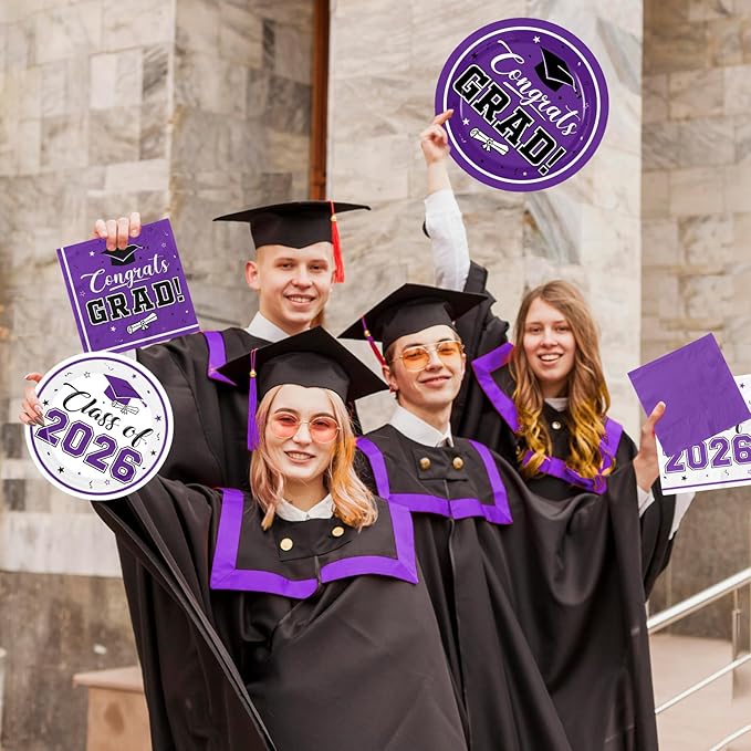 Graduation Party Plates and Napkins Purple Class of 2026 Grad Congrats Party Supplies Disposable Dessert Paper Plates Cocktail Napkins forGraduation Party Decorations,Serve 50