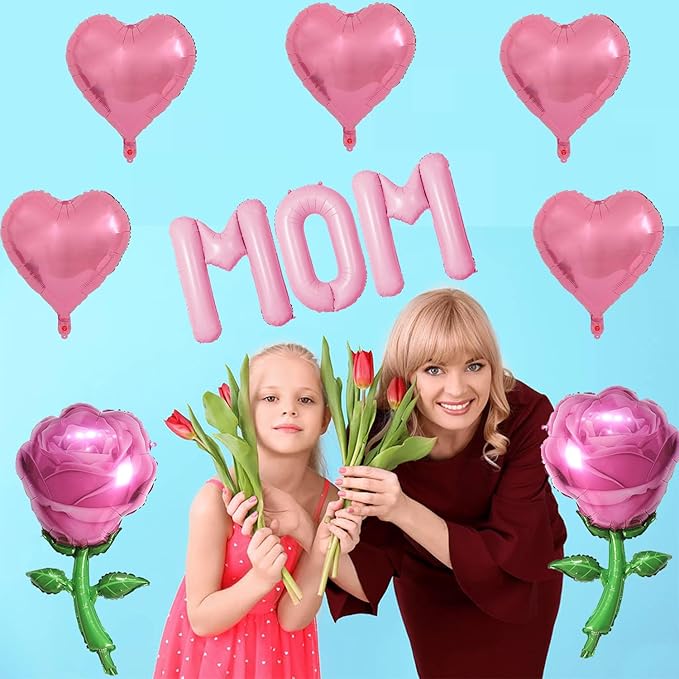 Pink Mom Balloons Pink Heart Rose Mother's Day Balloons Party Balloons for Mother's Day Decoration Party Decorations Theme Supplies Balloon Sets-10 PCS