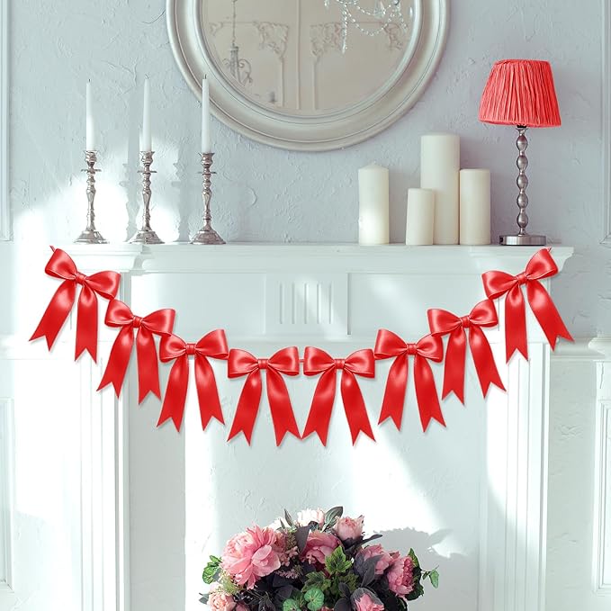 1 String of 8PCS Red Bow Garland Banner Decoration,Pre-Strung Satin Ribbon Ornaments for Birthday,Bachelorette Party, Bridal Shower,Wedding,Engagement, Baby Shower,Graduation Decor,Valentine's Day