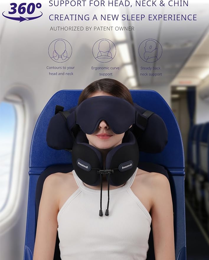 Travel Pillow, Neck Pillow Airplane with 3D Eye Mask & Seat Strap for Long Flight Sleep Road Trip, Dual-Density Supportive Foam, 360°Support Head, Neck & Chin Travel Essential Black & Purple