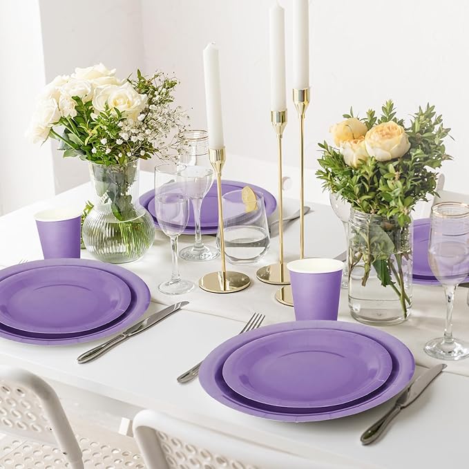 Whaline 100Pcs Lavender Tableware Set Graduation Light Purple Disposable Dinnerware Set 50Pcs Paper Plates 25Pcs Napkin 25Pcs Cups for School Wedding Birthday Bride Shower Party Supplies Table Decor