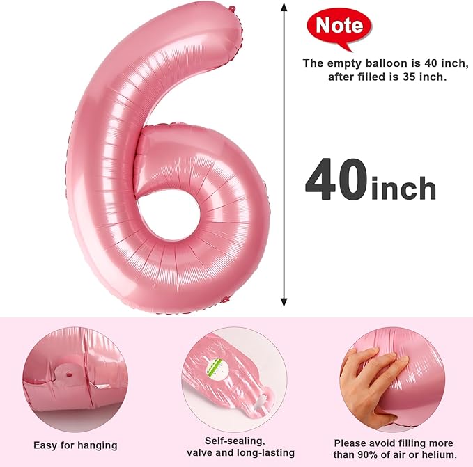 Number 6 Balloon 40 Inch, 6th Birthday Balloon for Boy Girl, Pearl Pink 16 60 61 65 Numbers Balloons Birthday Party Wedding Events Decorations