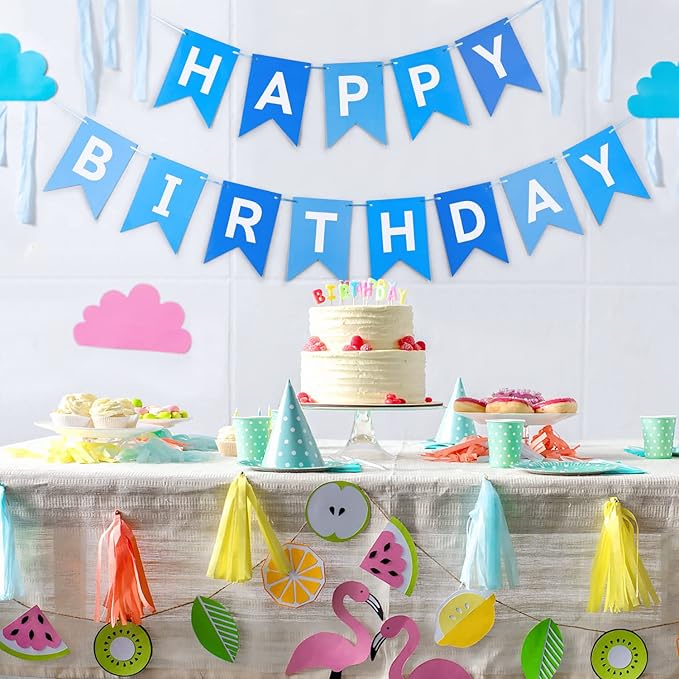 Blue Happy Birthday Banner Sign Happy Birthday Bunting Banner Garland for Kids Boys Baby 1st Birthdays Tea Party Decorations Bunting Flag Birthdays Party Supplies