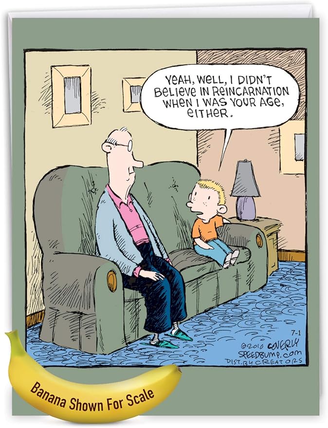 NobleWorks - 1 Big Funny Birthday Card Cartoon (8.5 x 11 Inch) - Jumbo Comic Humor, Group Greeting Card with Envelope - Reincarnation J2671BDG