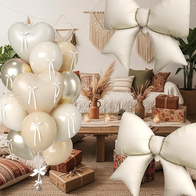 Cream and Apricot Heart Balloons, 38 Inch Bow Balloons, 16PC Champagne Gold Beige Sand White Balloon Helium with Bow Ribbons for Neutral Birthday Wedding Bridal Baby Shower Valentines Day Decorations