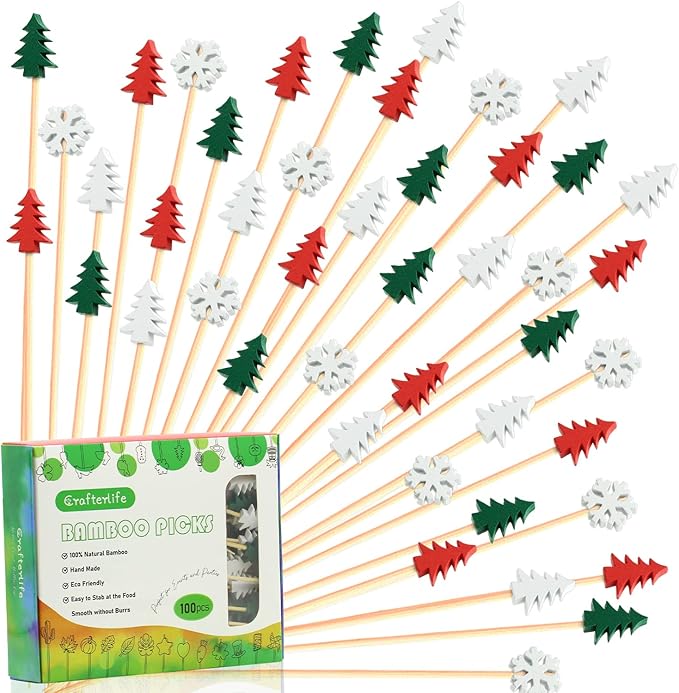 100pcs Xmas Tree Snowflake Cocktail Picks 4.7" Long Food Toothpicks Fruit Sticks Sandwich Appetizer Charcuterie Skewers, Made of Bamboo Wood, for Winter Snow Christmas Decoration Party Supplies