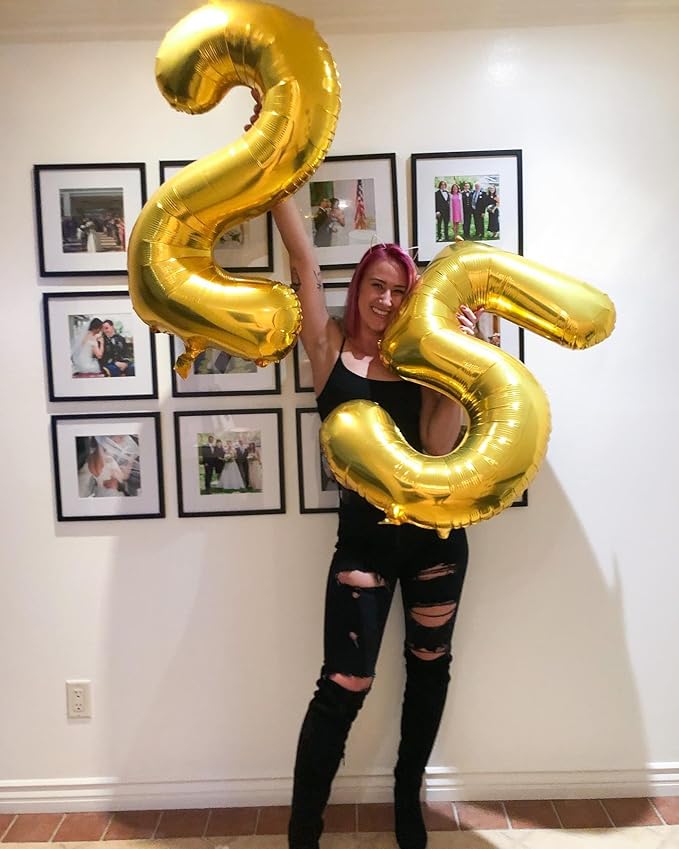25 Balloon Number, Gold Number 25th Birthday Balloons 40 Inch, 25 or 52 Years Old Gold Birthday Decorations for Men Women, 25th Anniversary Decorations