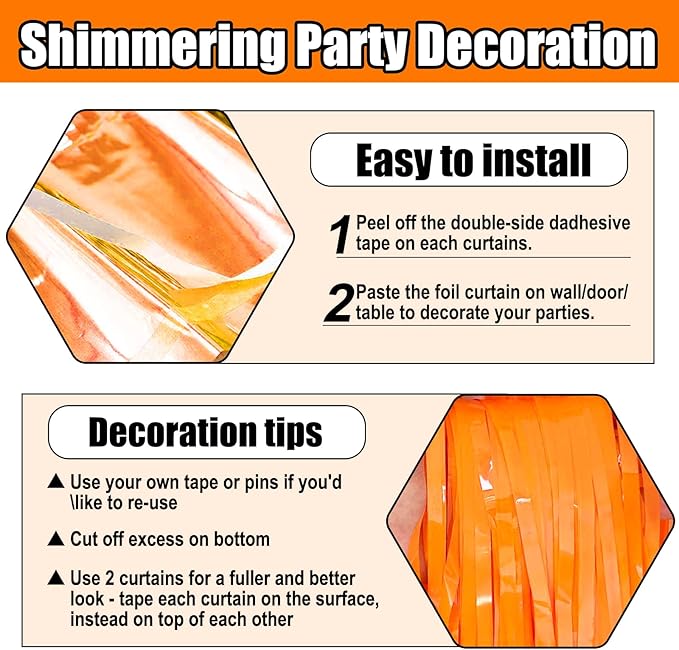 3 Pack Orange Foil Fringe Curtain Backdrop, 3.28Ft x 6.6Ft Metallic Tinsel Foil Fringe Streamer Curtains for Photo Booth, Christmas Day, Thanksgiving, Wedding, New Year Party Decorations