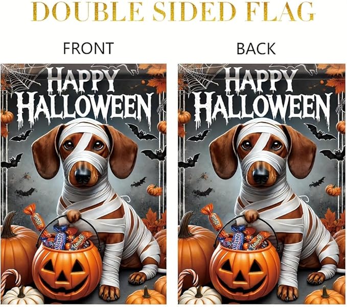 Halloween Garden Flag Dachshund Dog Mummy Pumpkin 12x18 Inch Double SidedOutdoor Yard Banner Trick or Treat Haunted House Spooky Cute Holiday Small Garden DecorationDecor