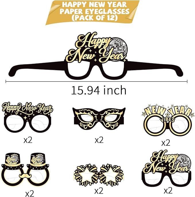YQUQWN 12 PCS Happy New Year Glasses 2026 New Years Eve Party Supplies 2026 NYE Disco Party Decorations