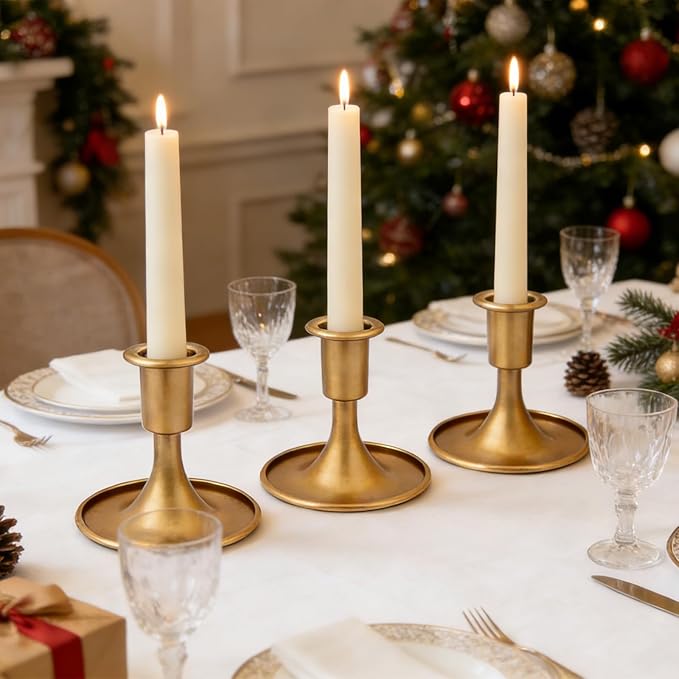 Gold Candle Holders Set of 3, Vintage Short Metal Taper Candlestick Holders Small for Dining Table, Fireplace Mantel, Wedding, Party, Anniversary, Christmas Thanksgiving Home Decor Gold-3