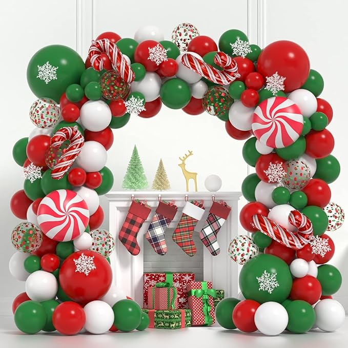 Janinus Christmas Balloons Garland Arch Kit Red Green White Balloons christmas Balloon Arch with Snowflakes Ornaments and candy foil balloons for Christmas Decorations Xmas Party Supplies