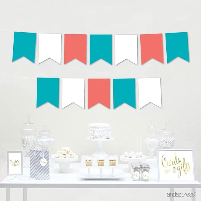 Andaz Press Hanging Pennant Banner with String, Turquoise Aqua, White, Coral, 1-Set, 24 Pennants, Approx. 12-Feet Long