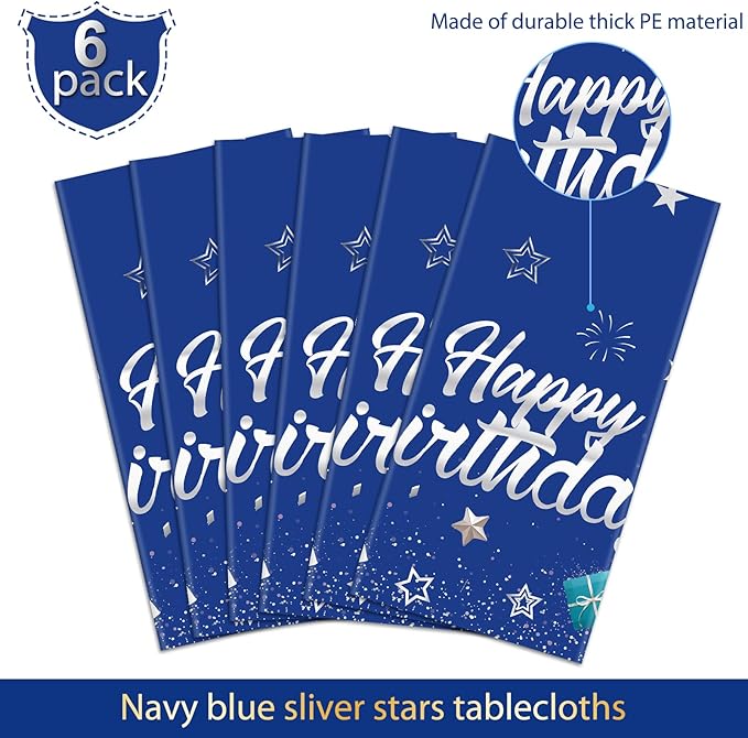 Tegeme Navy Blue Party Supplies Stars Happy Birthday Tablecloths Starry Confetti Table Covers for Kids Boys Girls Baby Shower Birthday Party Decorations(Navy Blue and Silver,6 Pack)