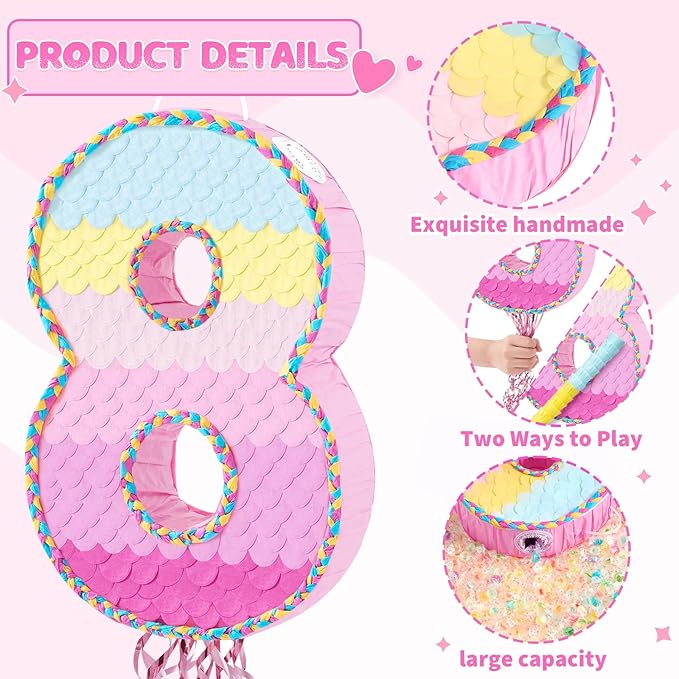 WERNNSAI Number 8 Piñata – Pink 8th Birthday Party Decorations Rainbow Ombre Eight Piñata for kids girls with Blindfold and Stick for 8 Year Birthday Supplies Princess Anniversary Decoration