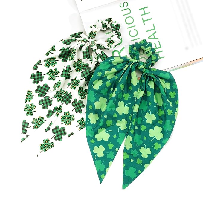 St.Patrick's Day Hair Ties for Woman Girls Green Shamrock Ribbon Hair Scrunchies Elastic Irish Lucky Leaf Hair Tie St.Patricks Party Supplies Hair Accessories 2PCS
