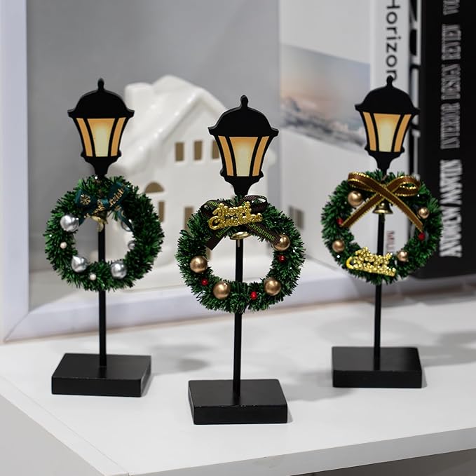 NEROSUN Christmas Table Decorations, 6Pcs Wreath and Lantern Standing Wooden Tabletop Decorations Signs, Merry Christmas Table Toppers for Xmas Home Winter Holiday Party Indoor Decor
