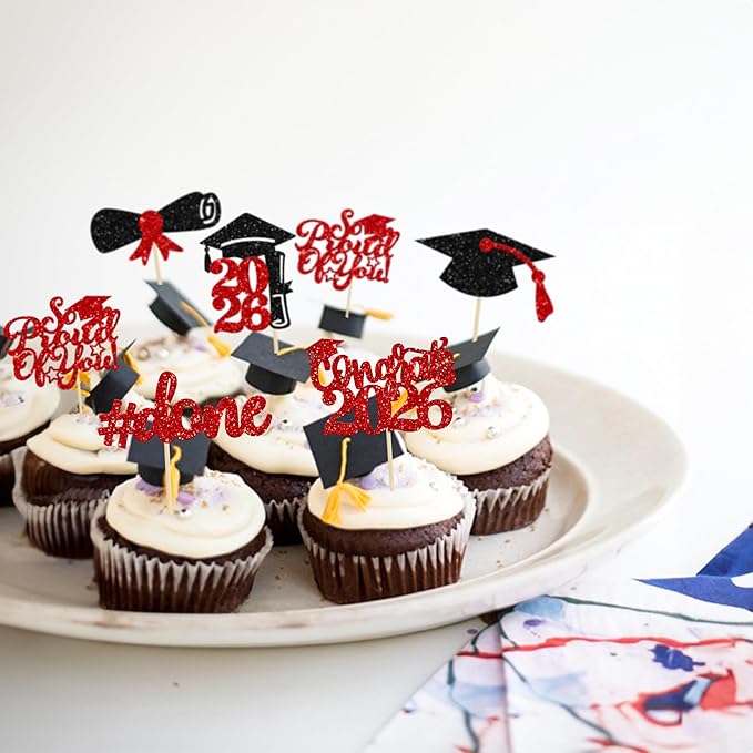 Gyufise 24Pcs 2026 Graduation Cupcake Toppers Glitter Congrats Class of 2026 Diploma Done Grad Cap So Proud of You Cupcake Picks So Proud of you Cake Decoratiosn Red