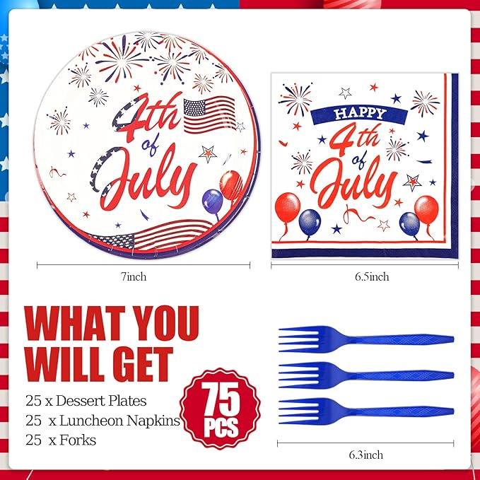 75PCS 4th of July Paper Plates and Napkins - Patriotic Themed Tableware Set Include 7in Paper Plates Napkins Forks Disposable Decoration Supplies for Independence Day Patriotic Party, Serve 25
