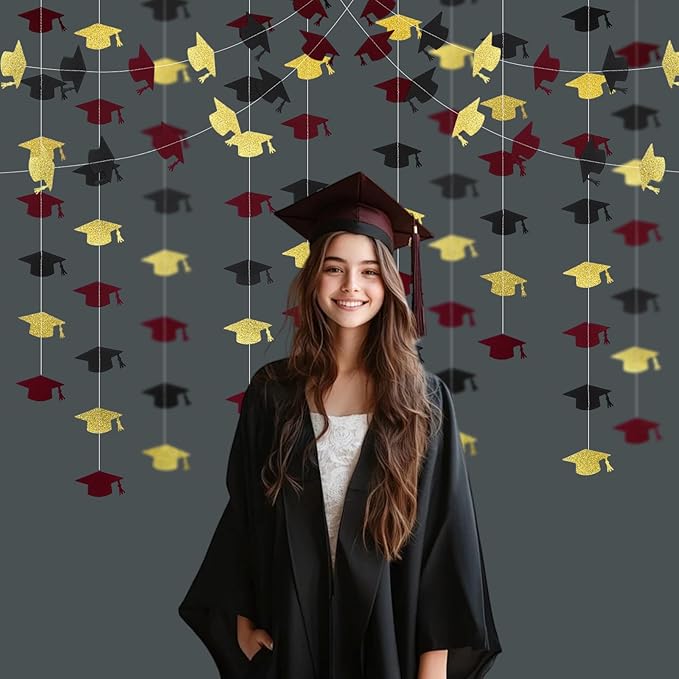 Black Maroon and Gold Graduation Garland Graduation Party Decorations Class of 2026 Grad Cap Garland Banner Streamers for Grad Party Hanging Decorations 39Feet
