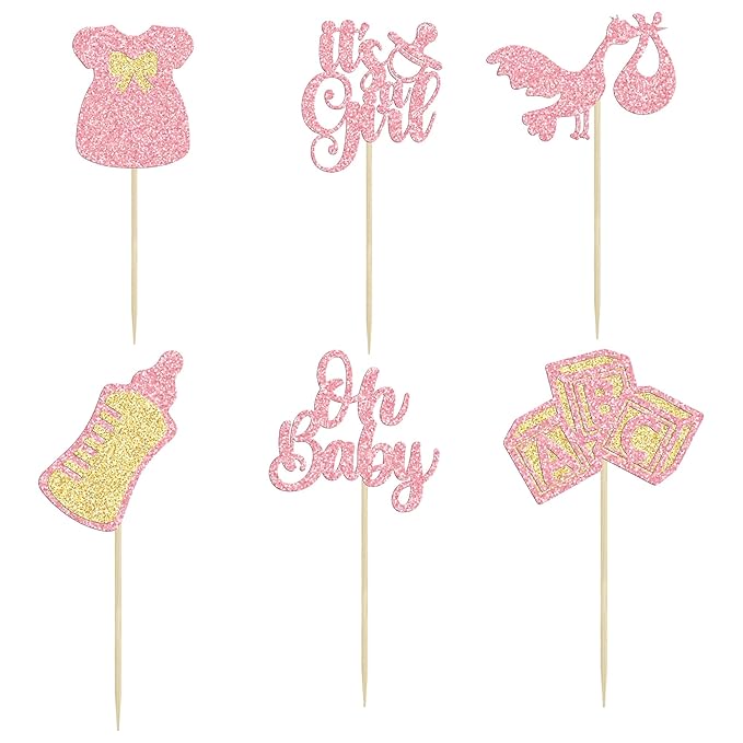 Gyufise 24Pcs Oh Baby Cupcake Toppers Glitter It's a Girl Cupcake Picks Bow Dress Baby Bottle Baby Shower Cake Decorations for Gender Reveal Baby Shower Kids Girls Birthday Party Supplies Pink