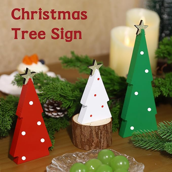 Christmas Decorations Indoor, 3PCS Christmas Trees Decorations Table Shelf Decor Wooden Sign Centerpieces with Glitter Star for Home Office Mantel Tabletop Fireplace Party Decor