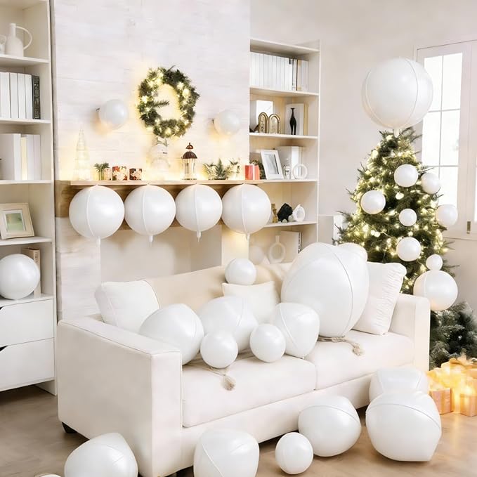 12Pcs White Round Balloons Foil, 22" 18" 15" 10" 4D Round Ball Shaped Balloon, Giant White Foil Balloons for Wedding Engagement Bridal Shower Prom Birthday Party Decorations Backdrop
