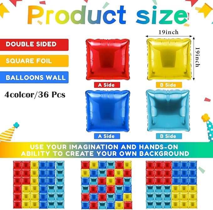 36 Pcs Gold Ring Birthday Decorations Balloons Brick Square Foil Balloon Wall Backdrop Arch Kit Double Sided Metallic for Cartoon Video Game Party Supplies(Red Yellow Blue)