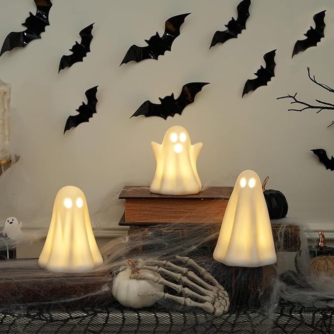 [Timer]Light Up Ghost Halloween Decor, 3 Pack Ceramic Halloween Ghost Decorations Indoor, Ceramic White Ghost Figurines Ghost Statue Cute Ghost Sculpture Spooky Halloween Decor for Home Table Tray