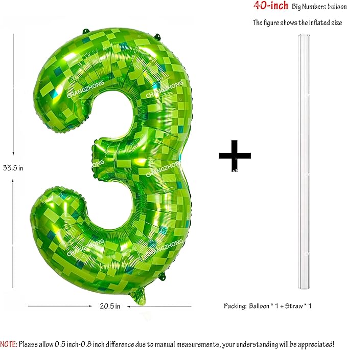 40 inch giant Green pixel miner game number 3 balloon Large mining theme foil balloon 0-9 Suitable for pixel game parties children's birthdays party anniversary celebrations baby shower decoration