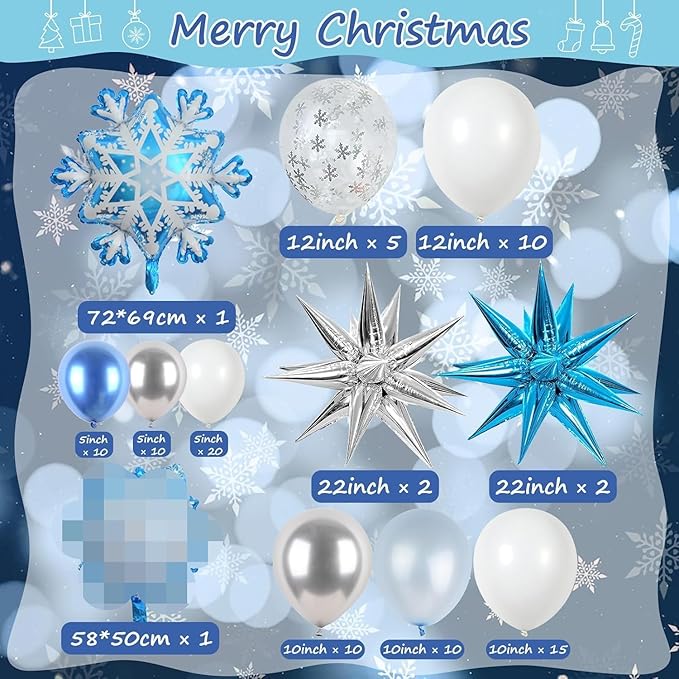 Winter Snowflakes Balloon Arch Garland Kit, White Silver Winter Balloon with Rich Large Snowflakes Mylar Star Foil Balloons*5, Metallic Silver Blue Balloons for Winter Wonderland Girl Birthday Decorat
