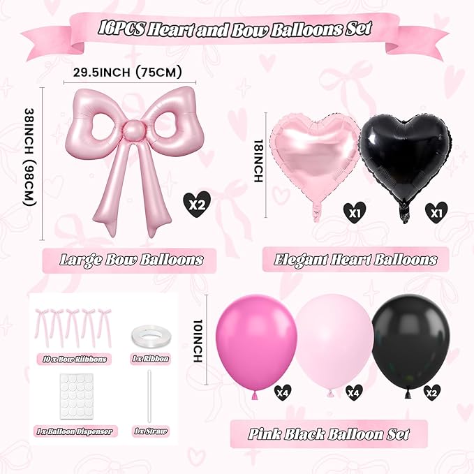 Pink and Black Heart Balloons, 38 Inch Bow Balloons, Black Hot Pink Pastel Balloon with Bow Ribbons for Women Birthday Anniversary Wedding Bridal Baby Shower Valentines Day Decorations