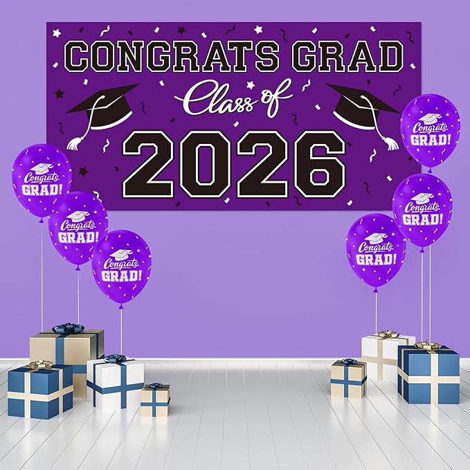 2026 Graduation Party Plastic Backdrop - 65" x 32.7" Congrats Grad Banner in Purple, Large Class of 2026 Decorations, Photography & Grad Party Supplies