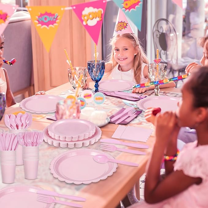 350 Pcs Pink Paper Plates and Napkins, Pink Birthday Decorations Include Paper Plates Napkins Cups Plastic Cutlery for Mothers Day, Baby Bridal Shower, Wedding