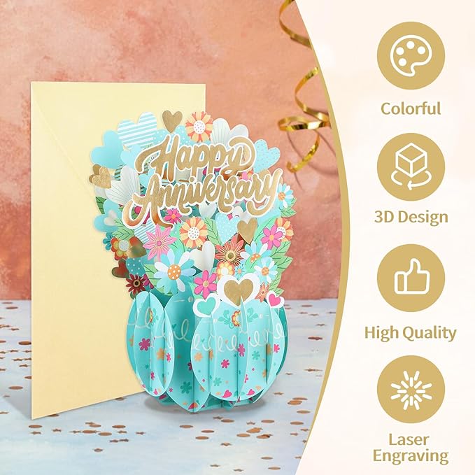 FaCraft Anniversary Card for Couple, Happy Pop Up Anniversary Card with Envelope, for Husband Wife, Handmade, Wedding Valentine Gifts for Him Her Boy Friend Girlfriend