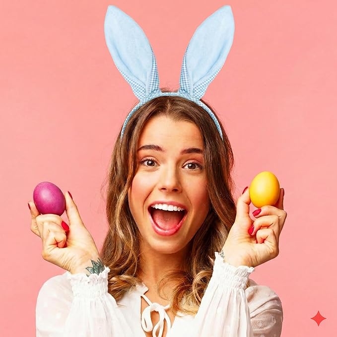 Blue Bunny Ears Headband, Cute Blue Plaid Easter Bunny Ears Headband for Easter Accessories for Women