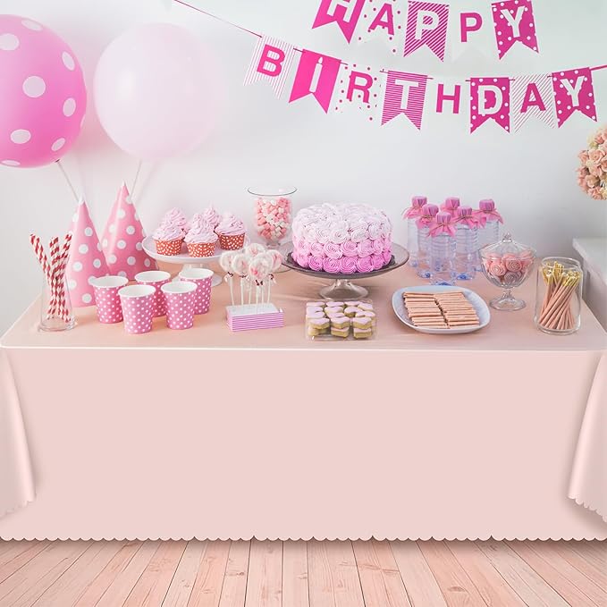 6 Pack Plastic Light Pink Tablecloths, 54 X 108Inch Baby Shower Tablecloth Scalloped Mother's Day Table Cloth for Rectangle Tables Disposable Table Cover for Easter Bridal Shower Tea Party Wedding