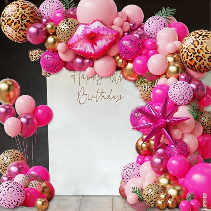 Hot Pink Cheetah Print Balloon Garland Arch Kit, 135pcs Pink Gold Latex Balloons with Lip Leopard Foil Balloon for Women Girls Birthday Bridal Shower Valentines Day Party Decorations