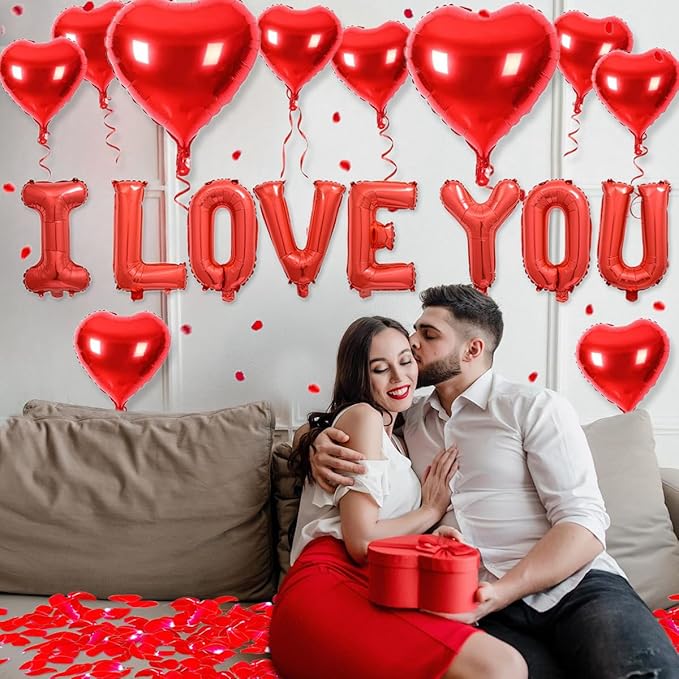 2 set 16 inch I Love You Balloons and Heart Balloons with 500 Pieces Rose Petals, Red I Love You Letter Balloon for Him/Her Valentines Day Decorations Wedding Anniversary Engagement