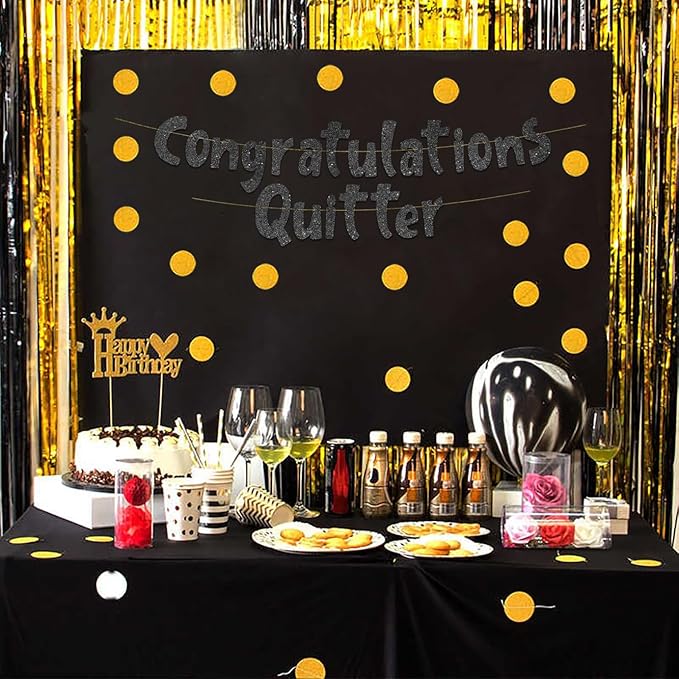 Pre-Strung Congratulations Quitter Black Glitter Banner - Retirement Decorations for Men and Women - Retirement Party Supplies and Gifts