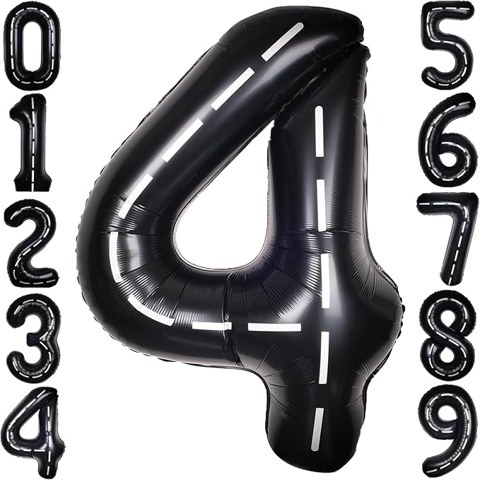 Race Car 40Inch Black 4 Balloon Number Large Helium Race Track 0-9 Giant Digital 4th Foil Mylar Big Party Number Balloons for Boy Birthday Car Theme Party Anniversary Graduation Decorations