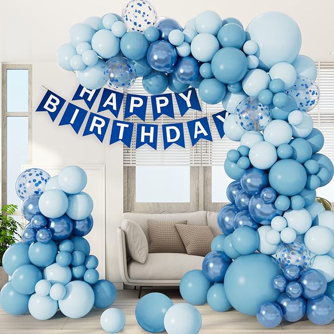 Baby Blue Balloon Arch Garland Kit, Metallic Macaron Pastel Light Blue Confetti Balloons, Different Sizes Balloons for Baby Shower, Birthday, Wedding, Ocean Themed Party Decoration